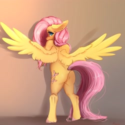 Size: 4000x4000 | Tagged: safe, artist:miokomata, derpibooru import, fluttershy, pegasus, pony, g4, bipedal, blushing, butt, colored hooves, cute, dock, ears, featureless crotch, female, floppy ears, flutterbutt, freckles, freckleshy, gradient background, human shoulders, looking at you, looking back, looking back at you, mare, plot, shyabetes, spread wings, tail, wings