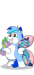 Size: 2400x5202 | Tagged: safe, artist:rupert, derpibooru import, princess ember, spike, oc, oc:rupert the blue fox, dragon, earth pony, fox, fox pony, hybrid, pony, bipedal, body pillow, chubby, cute, dragoness, female, male, ocbetes, plushie, rupertbetes, simple background, smiling, spike plushie, transparent background, tri-color mane, white belly