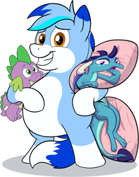 Size: 2400x3069 | Tagged: safe, artist:rupert, derpibooru import, princess ember, spike, oc, oc:rupert the blue fox, dragon, earth pony, fox, fox pony, hybrid, pony, 2024 community collab, bipedal, body pillow, chubby, cropped, cute, derpibooru community collaboration, dragoness, female, male, ocbetes, plushie, rupertbetes, simple background, smiling, spike plushie, transparent background, tri-color mane, white belly