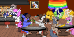 Size: 5689x2838 | Tagged: safe, artist:nootaz, derpibooru import, oc, earth pony, griffon, pegasus, alcohol, bar, barstool, beer, bottle, camera, drunk, fine art parody, hhh, passed out, pride, pride flag, saturn devouring his son, table