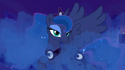 Size: 2560x1440 | Tagged: safe, artist:tiarawhy, derpibooru import, princess luna, alicorn, pony, g4, concave belly, crown, ethereal mane, ethereal tail, female, jewelry, lidded eyes, peytral, pony waifu sim, raised hoof, raised leg, regalia, smug, solo, tail