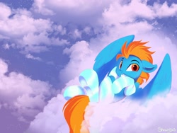 Size: 1600x1200 | Tagged: safe, artist:sketchiix3, derpibooru import, oc, oc only, pegasus, pony, clothes, cloud, ears, floppy ears, looking at you, lying down, lying on a cloud, male, mouth hold, on a cloud, sky background, smiling, smiling at you, socks, solo, stallion, striped socks