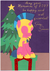 Size: 3529x4993 | Tagged: safe, artist:anonymous, derpibooru import, oc, oc only, oc:heavy halbard, pony, /mlp/, /ss/, card, christmas, christmas tree, female, guardsmare, holiday, mare, present, royal guard, sitting, solo, tree