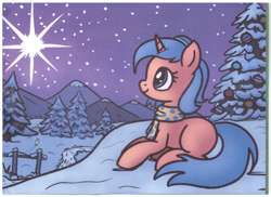 Size: 4133x3001 | Tagged: safe, artist:anonymous, derpibooru import, oc, oc only, oc:heavy halbard, pony, rabbit, unicorn, /mlp/, /ss/, animal, card, clothes, fence, forest, mountain, nature, night, scarf, snow, solo, stars, tree