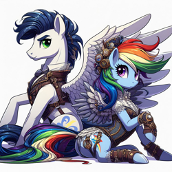 Size: 1024x1024 | Tagged: safe, ai content, derpibooru import, generator:bing image creator, machine learning generated, rainbow dash, soarin', g4, clothes, female, hat, male, prompter:*rainbow dash*, shipping, simple background, soarindash, spread wings, steampunk, straight, white background, wings
