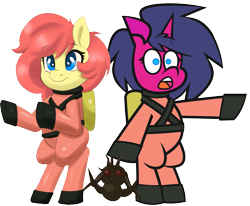 Size: 2195x1808 | Tagged: safe, artist:threetwotwo32232, artist:yelowcrom, derpibooru import, oc, oc:brushie, oc:fizzy pop, earth pony, pony, unicorn, 2024 community collab, bipedal, dancing, derpibooru community collaboration, female, lethal company, mare, pointing, simple background, transparent background
