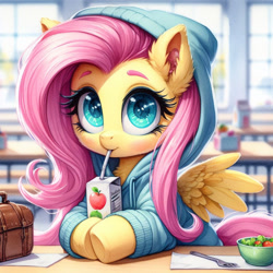 Size: 1024x1024 | Tagged: safe, ai content, derpibooru import, generator:dall-e 3, machine learning generated, fluttershy, pegasus, pony, g4, apple juice, bag, bowl, cafeteria, chest fluff, clothes, cute, daaaaaaaaaaaw, drink, drinking, drinking straw, ear fluff, ears, eyelashes, female, filly, filly fluttershy, foal, food, fork, hnnng, hoodie, hooves on the table, indoors, juice, juice box, looking at you, lunch, napkin, prompter:tyto4tme4l, salad, shyabetes, solo, spread wings, underhoof, wings, younger