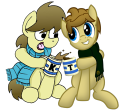 Size: 4645x4160 | Tagged: safe, artist:bobthedalek, artist:tidmouthmilk12, derpibooru import, oc, oc only, oc:kettle master, oc:tidmouth milk, earth pony, pony, 2024 community collab, clothes, derpibooru community collaboration, duo, food, looking at each other, looking at someone, mug, open mouth, reference, scarf, simple background, sitting, smiling, tea, transparent background, wallace and gromit