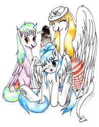 Size: 792x1010 | Tagged: safe, artist:40kponyguy, derpibooru exclusive, derpibooru import, edit, oc, oc only, oc:clarise, oc:flame burst, oc:vanilla, pegasus, pony, 2024 community collab, bunny sitting, clothes, cute, derpibooru community collaboration, dress, ear fluff, ears, eyes closed, female, hat, looking at you, male, mare, raised hoof, raised leg, simple background, stallion, traditional art, transparent background, underhoof