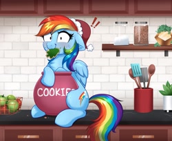 Size: 4000x3298 | Tagged: safe, alternate version, artist:confetticakez, derpibooru import, rainbow dash, pegasus, pony, g4, !!!, apple, blushing, caught, chest fluff, christmas, christmas cookies, cookie, cookie jar, cookie thief, cute, dashabetes, ears, eating, exclamation point, female, floppy ears, food, hat, high res, holiday, jar, kitchen, looking at you, mare, pinpoint eyes, santa hat, solo, thief