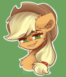 Size: 2000x2300 | Tagged: safe, artist:kindny-chan, derpibooru import, applejack, pony, g4, bust, green background, portrait, simple background, solo