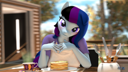 Size: 1920x1080 | Tagged: safe, artist:anthroponiessfm, derpibooru import, oc, oc only, oc:maple cake, anthro, 3d, anthro oc, blushing, clothes, cute, female, food, fork, knife, looking at you, outdoors, pancakes, solo, source filmmaker, spoon, wholesome