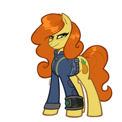 Size: 1950x1950 | Tagged: safe, artist:zinneriz, derpibooru exclusive, derpibooru import, oc, oc only, oc:anna pine, earth pony, fallout equestria, 2024 community collab, clothes, derpibooru community collaboration, freckles, jumpsuit, looking at you, orange mane, pineapple, pipbuck, simple background, solo, transparent background, vault suit, yellow fur