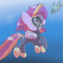 Size: 1500x1500 | Tagged: safe, artist:trackheadtherobopony, derpibooru import, oc, oc:lana shelly, earth pony, fish, bubble, crepuscular rays, fins, fish tail, flowing mane, flowing tail, ocean, scuba gear, solo, sunlight, swimming, tail, underwater, water, wetsuit