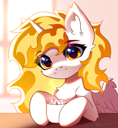 Size: 1165x1262 | Tagged: safe, artist:airiniblock, derpibooru import, daybreaker, alicorn, pony, g4, chest fluff, chocolate, commission, cute, ear fluff, ears, eye clipping through hair, eyebrows, eyebrows visible through hair, food, heart, heart eyes, hot chocolate, icon, marshmallow, morning, patreon, patreon reward, solo, wingding eyes, wings, ych result