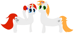 Size: 3297x1523 | Tagged: safe, artist:ragmo, derpibooru import, oc, oc only, oc:caveman pony, oc:swift sword, earth pony, pony, unicorn, 2024 community collab, derpibooru community collaboration, high res, horn, looking at you, plushie, simple background, transparent background