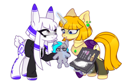 Size: 2338x1516 | Tagged: safe, artist:arina-gremyako, derpibooru import, oc, oc only, oc:batilla, oc:pan-path, oc:tippy toes, bat pony, earth pony, hybrid, original species, pony, unicorn, 2024 community collab, bat pony oc, bottle, briefcase, brush, bunny ears, clothes, coat markings, commission, derpibooru community collaboration, dress, duo, ear piercing, earring, evil grin, female, fork, glasses, glowing, glowing horn, grin, hairbrush, hand, hoof hold, horn, jewelry, magic, magic hands, mare, necklace, necktie, oil, piercing, plushie, ponified, ponified oc, rabbit pony, raised hoof, raised leg, regalia, see-through, shirt, simple background, smiling, species swap, suit, sweat, sweatdrop, tickling, transparent background, voodoo doll