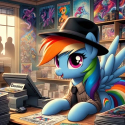 Size: 1024x1024 | Tagged: safe, ai content, derpibooru import, machine learning generated, rainbow dash, pegasus, pony, g4, clothes, comic book, comic shop, comic store, hat, necktie, poster, prompter needed, shirt, solo, wrong cutie mark