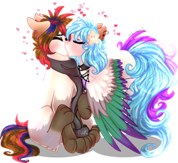 Size: 4044x3706 | Tagged: safe, artist:krissstudios, derpibooru import, oc, oc only, hybrid, pegasus, pony, clothes, colored wings, female, kissing, mare, multicolored wings, scarf, simple background, transparent background, wings