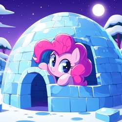 Size: 1024x1024 | Tagged: safe, ai content, derpibooru import, machine learning generated, pinkie pie, earth pony, pony, g4, female, igloo, prompter:pinkiepiepics, snow, solo