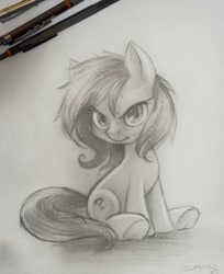 Size: 1078x1322 | Tagged: safe, artist:darkdoomer, twibooru import, oc, oc:anon filly, earth pony, pony, drawing, female, filly, foal, solo, traditional art