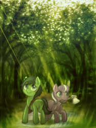 Size: 2400x3200 | Tagged: safe, artist:darkdoomer, twibooru import, diamond tiara, oc, oc:anon filly, pony, axe, everfree forest, everfree outpost, female, filly, foal, innawoods, nature, traditional art, weapon