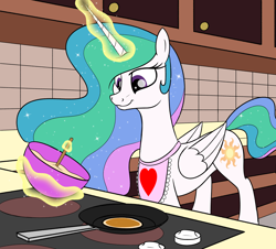 Size: 3414x3081 | Tagged: safe, artist:trash anon, princess celestia, alicorn, pony, apron, batter, bowl, cabinet, cooking, cutie mark, ethereal mane, female, heart, horn, indoors, kitchen, levitation, looking at something, magic, mare, missing accessory, mixing, mixing bowl, pan, pancakes, smiling, solo, spoon, stove, telekinesis, wings