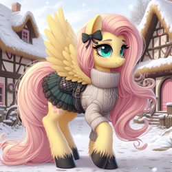 Size: 1024x1024 | Tagged: safe, ai content, machine learning generated, fluttershy, pegasus, pony, alternate cutie mark, bing, bow, clothed ponies, clothes, female, hair bow, mare, ponyville, saddle, skirt, smiling, snow, solo, spread wings, sweater, unshorn fetlocks, winter outfit