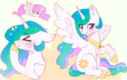 Size: 2336x1463 | Tagged: safe, artist:tiiruki, derpibooru import, princess celestia, alicorn, pony, g4, ><, blushing, cute, cutelestia, doodle, ears, emanata, eye clipping through hair, eyebrows, eyebrows visible through hair, eyes closed, female, floppy ears, folded wings, heart, heart eyes, hoof shoes, horn, looking at you, lying down, mare, one wing out, peytral, pink-mane celestia, princess shoes, prone, raised hoof, raised leg, sitting, sleeping, smiling, smiling at you, solo, spread wings, wingding eyes, wings