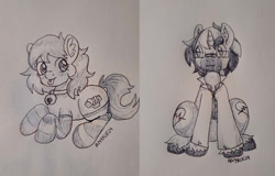 Size: 1680x1076 | Tagged: safe, artist:anykoe, derpibooru import, oc, oc:anykoe, oc:meem, earth pony, unicorn, bell, bell collar, clothes, collar, ear fluff, ears, earth pony oc, glasses, heart, heart eyes, horn, monochrome, pen drawing, simple background, sitting, socks, tongue, tongue out, traditional art, unicorn oc, white background, wingding eyes