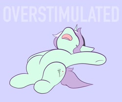 Size: 2047x1712 | Tagged: safe, artist:mscolorsplash, derpibooru import, oc, oc only, oc:mod chi, pony, unicorn, female, lying down, mare, on back, open mouth, ponysona, purple background, simple background, solo, text