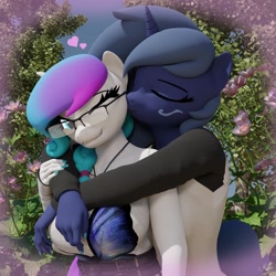 Size: 2048x2048 | Tagged: safe, artist:kenaga, derpibooru import, oc, oc:aurora starling, oc:midnight music, anthro, 3d, anthro oc, blue hair, braid, braided ponytail, clothes, duo, embrace, female, glasses, gradient mane, heart, hug, hug from behind, kissing, lesbian, oc x oc, one eye closed, ponytail, purple hair, shipping