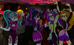 Size: 3000x1850 | Tagged: safe, artist:rdj1995, derpibooru import, adagio dazzle, aria blaze, sci-twi, sonata dusk, twilight sparkle, human, equestria girls, g4, dancing, female, irl, irl human, music festival outfit, new years eve, party, photo, real life background, the dazzlings