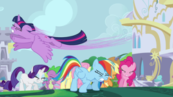 Size: 1280x720 | Tagged: safe, derpibooru import, screencap, applejack, fluttershy, pinkie pie, rainbow dash, rarity, spike, twilight sparkle, twilight sparkle (alicorn), alicorn, pony, g4, princess twilight sparkle (episode), flying, mane seven, mane six