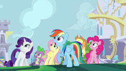 Size: 1280x720 | Tagged: safe, derpibooru import, screencap, applejack, fluttershy, pinkie pie, rainbow dash, rarity, spike, twilight sparkle, pony, g4, princess twilight sparkle (episode), mane seven, mane six