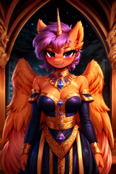 Size: 768x1152 | Tagged: safe, ai content, derpibooru import, generator:easyfluff v11.2, generator:stable diffusion, machine learning generated, scootaloo, alicorn, anthro, g4, alicornified, bedroom eyes, blushing, breasts, cleavage, clothes, dress, ear fluff, ears, female, horn, indoors, jewelry, looking at you, majestic, mare, necklace, older, older scootaloo, palace, prompter:endless--, race swap, royalty, scootacorn, sexy, shoulder fluff, shoulderless, smiling, smiling at you, solo, spread wings, standing, wings