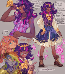 Size: 2048x2326 | Tagged: safe, artist:pumqinjun, derpibooru import, applejack, fluttershy, rainbow dash, twilight sparkle, elf, human, orc, g4, altmer, bosmer, clothes, dark skin, dress, drink, drinking, dunmer, elf ears, female, gray background, humanized, jewelry, light skin, potion, simple background, skyrim, text, the elder scrolls, tiara, trio focus