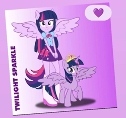 Size: 939x879 | Tagged: safe, artist:rarity3257, derpibooru import, edit, twilight sparkle, twilight sparkle (alicorn), alicorn, human, pony, equestria girls, g4, alicorn wings, big crown thingy, boots, element of magic, gradient background, heart, human ponidox, jewelry, ponied up, pony ears, rarity boots, regalia, self paradox, self ponidox, shoes, spread wings, wings