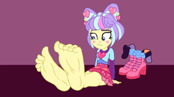 Size: 1332x748 | Tagged: safe, artist:qwqlqaq, derpibooru import, supernova zap, equestria girls, g4, barefoot, clothes, feet, female, fetish, foot fetish, foot focus, shoes, shoes off, shoes removed, sitting, socks, soles, toenails, toes
