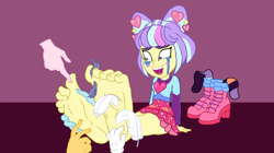 Size: 1332x748 | Tagged: safe, artist:qwqlqaq, derpibooru import, supernova zap, equestria girls, g4, barefoot, clothes, crying, feet, female, fetish, foot fetish, foot focus, laughing, shoes, shoes off, shoes removed, sitting, socks, soles, tears of laughter, tickle fetish, tickle torture, tickling, toenails, toes