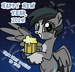 Size: 1760x1689 | Tagged: safe, artist:doodlesinky, derpibooru import, oc, oc only, oc:inky doodles, pegasus, ear piercing, fireworks, happy new year, holiday, nonbinary, nose piercing, pegasus oc, piercing, solo, text