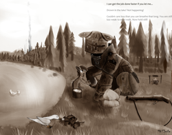 Size: 4480x3508 | Tagged: safe, derpibooru import, oc, oc:crossover, oc:katka, bird, goose, armor, campfire, dirty, project:wundr, punt gun, sepia, smoke