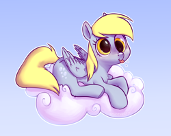 Size: 2058x1626 | Tagged: safe, artist:smeevel27, derpibooru import, derpy hooves, pegasus, pony, g4, blue, cloud, cross-eyed, cute, derpabetes, female, folded wings, gradient background, lying down, lying on a cloud, mare, on a cloud, prone, solo, tongue, tongue out, wings