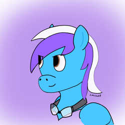 Size: 2000x2000 | Tagged: safe, artist:lahtdah, derpibooru import, oc, oc only, oc:flywheel, pegasus, blue fur, bust, confident, goggles, gradient background, looking to side, looking to the left, portrait, purple background, simple background, solo