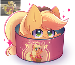 Size: 2650x2300 | Tagged: safe, artist:miryelis, derpibooru import, applejack, earth pony, pony, g4, :3, applejack's hat, big ears, can, clothes, cowboy hat, cute, ears, female, hat, high res, jackabetes, looking at you, mare, outline, photo, pony in a box, reference, simple background, smiling, smiling at you, solo, sparkles, sparkly eyes, toy, white background, wingding eyes