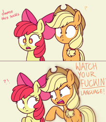 Size: 933x1068 | Tagged: safe, artist:felicitea, derpibooru import, apple bloom, applejack, earth pony, pony, g4, apple sisters, comic, exclamation point, hypocritical humor, interrobang, question mark, siblings, sisters, vulgar