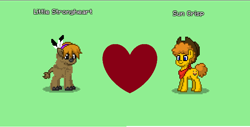 Size: 771x391 | Tagged: safe, derpibooru import, little strongheart, sun crisp, buffalo, earth pony, pony, g4, bison, brown tail, clothes, feather, green background, hat, headband, heart, scarf, shipping, simple background, tail, yellow mane, yellow tail