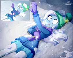 Size: 2434x1934 | Tagged: safe, artist:the-butch-x, derpibooru import, screencap, trixie, human, better together, equestria girls, g4, holidays unwrapped, beanie, clothes, female, gloves, hat, jacket, lying down, on back, open mouth, pants, saving pinkie's pie, scarf, scene interpretation, screencap reference, skirt, snow, solo, winter outfit
