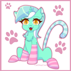 Size: 4000x4000 | Tagged: safe, artist:cattstaycool, derpibooru import, lyra heartstrings, cat, cat pony, original species, unicorn, g4, cat tail, catified, chest fluff, clothes, ear fluff, ears, fangs, looking at you, open mouth, open smile, simple background, slit eyes, smiling, socks, solo, species swap, striped socks, tail, white background