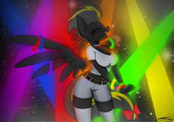 Size: 2230x1561 | Tagged: safe, artist:ponynamedmixtape, derpibooru import, oc, oc only, oc:storm warning, anthro, pegasus, anthro oc, belt, bow, choker, clothes, club, dancing, eyes closed, female, glowstick, happy, mare, midriff, milf, open mouth, open smile, profile, shirt, short, shorts, smiling, socks, solo, stockings, t-shirt, tail, tail bow